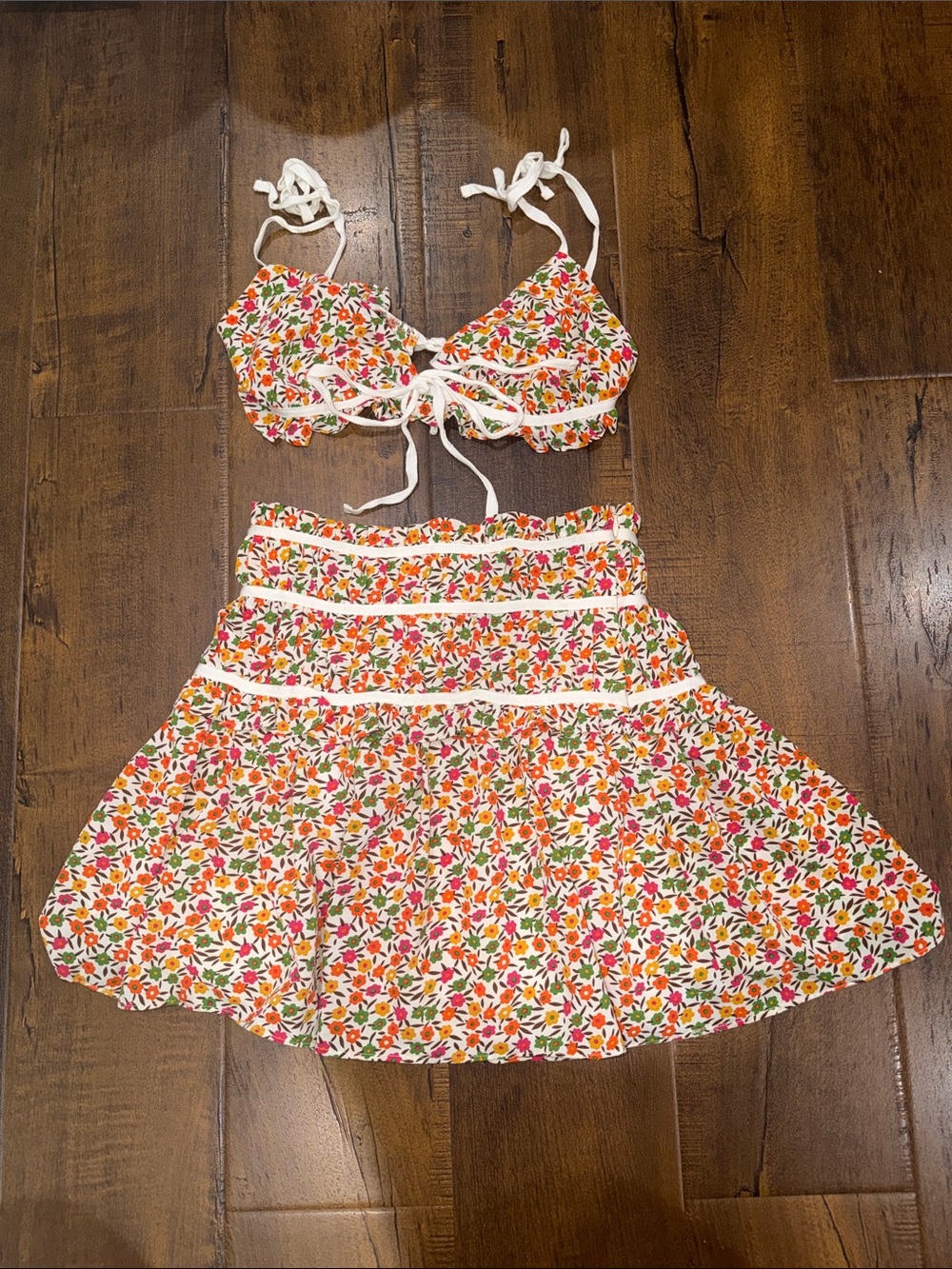 Floral Tie-Front Skirt Set in White with Pink & Orange Blossoms